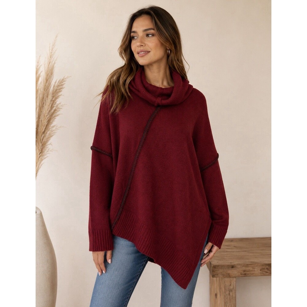 BKE Women's Oversized Tunic Sweater Mock Neck Exposed Seams Burgundy Red Boho L